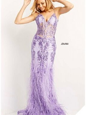 Jovani Lavender Beaded Sheer Bodice Feather Hem Evening Gown